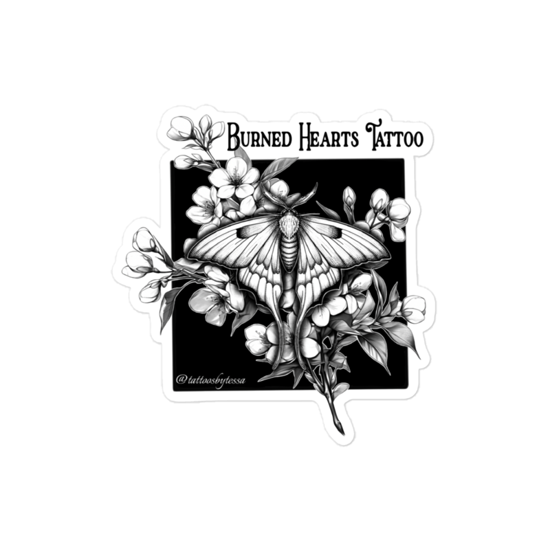 Burned Hearts Lunar Moth Sticker - by Tessa – 4″×4″, White