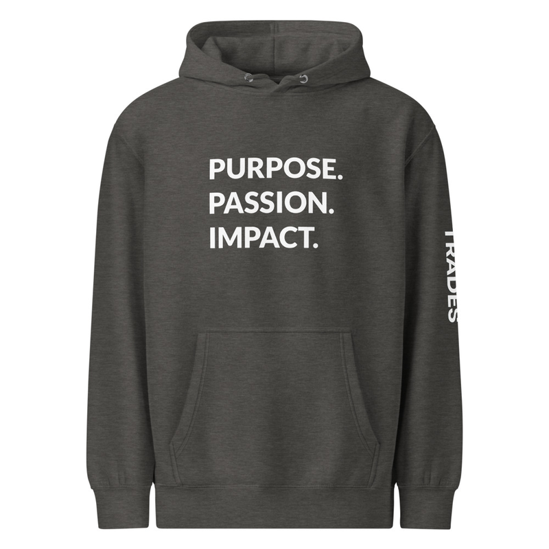 HFTT Premium Midweight Hoodie | Purpose. Passion. Impact. | Front Print (Colors Available) – XL, Charcoal Heather