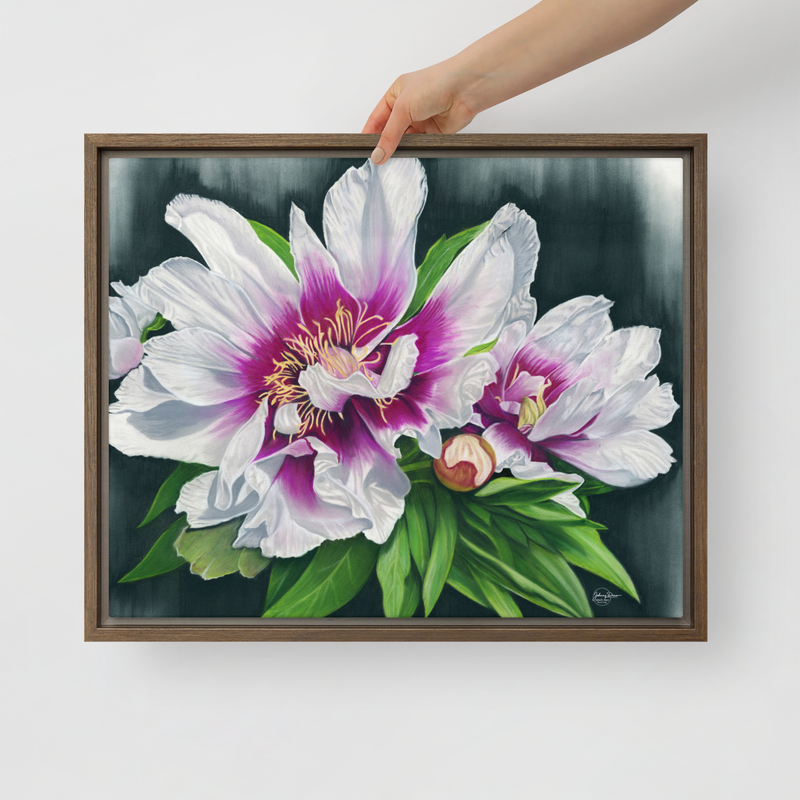 Peony Envy Framed Canvas – 16″×20″, Brown