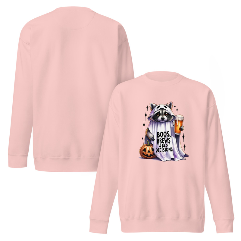 Funny Halloween Raccoon Unisex Premium Sweatshirt Design, Boos Brews and Bad Decisions Ghost Costume Graphic – view 5