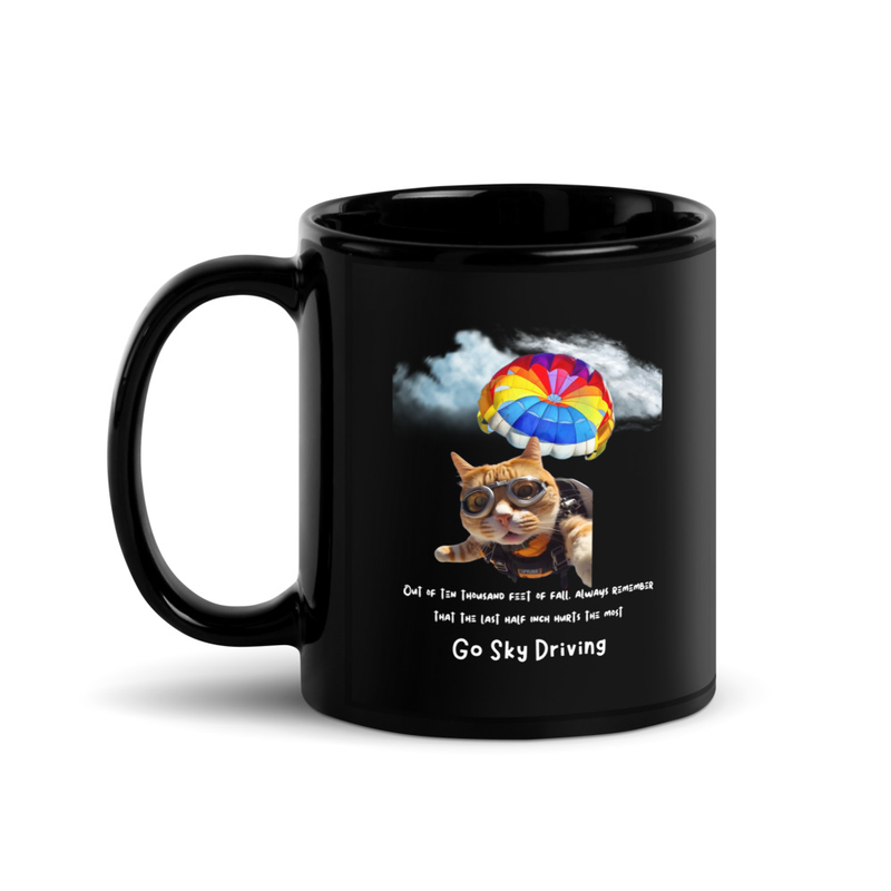 Black Glossy Mug: Sky Driving Cat