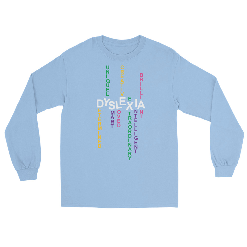 Men’s Long Sleeve Shirt with back print | Dyslexia v2 (Dark Colored) – S, Light Blue