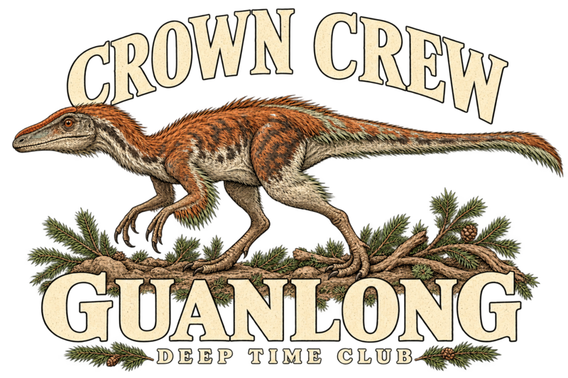 Close view of the original Crown Crew Guanlong Tee graphic