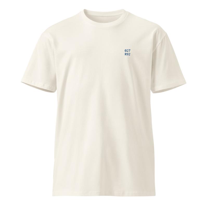Archive Tee in ecru with the R92 027 chest embroidery