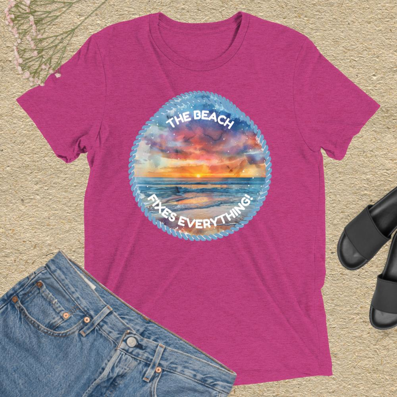 The Beach Fixes Everything Watercolor Sunset T-shirt – XL, Berry Triblend