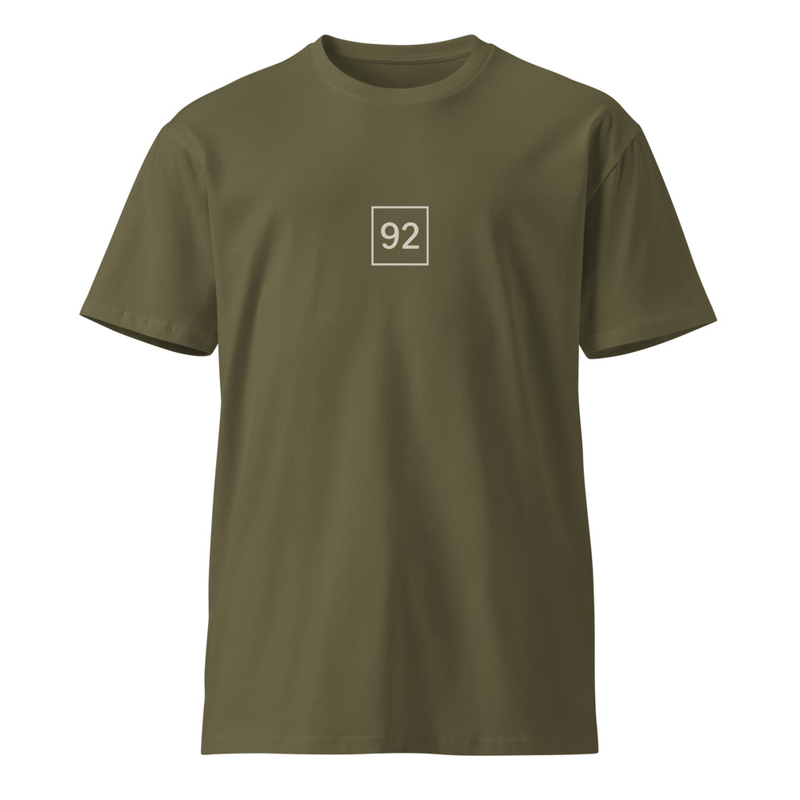 Essential Tee in army green with the 92 chest print