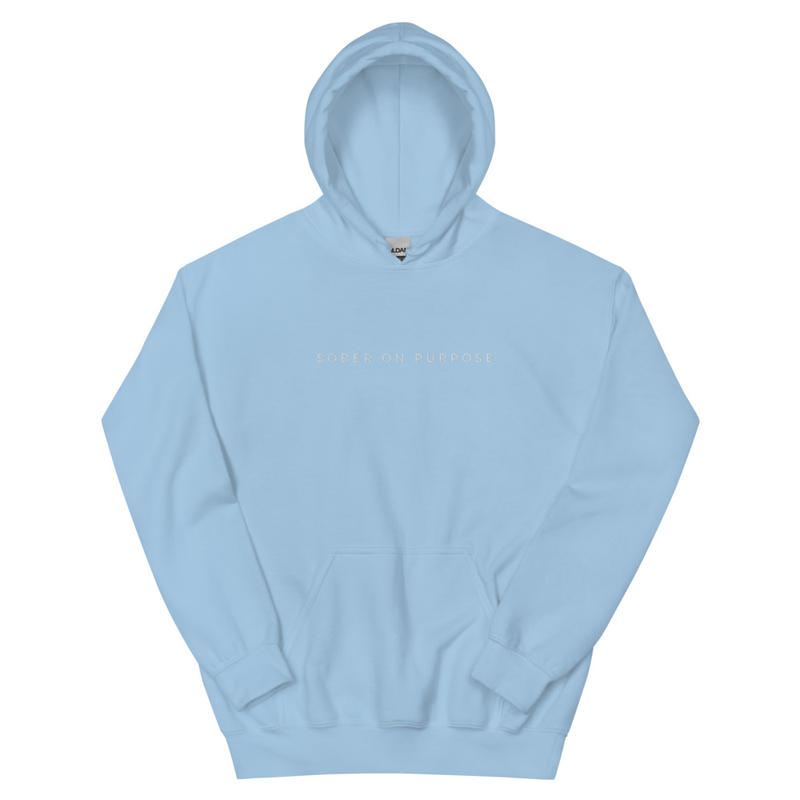 SOBER ON PURPOSE // Unisex Hoodie – S, Light Blue