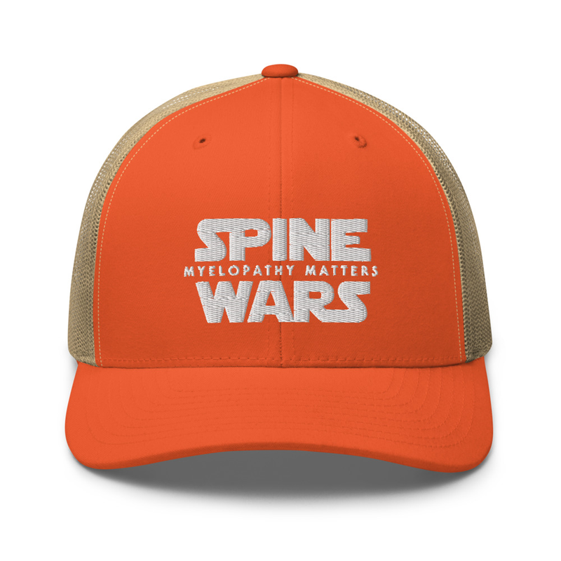 Spine Wars White Embroidery Trucker Cap – One size, Rustic Orange/ Khaki