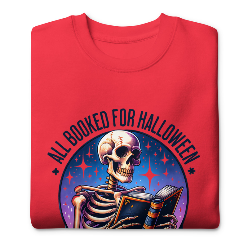 Halloween T-Shirt Skeleton Reading Book Design, All Booked for Halloween Gothic Reader Shirt – view 3