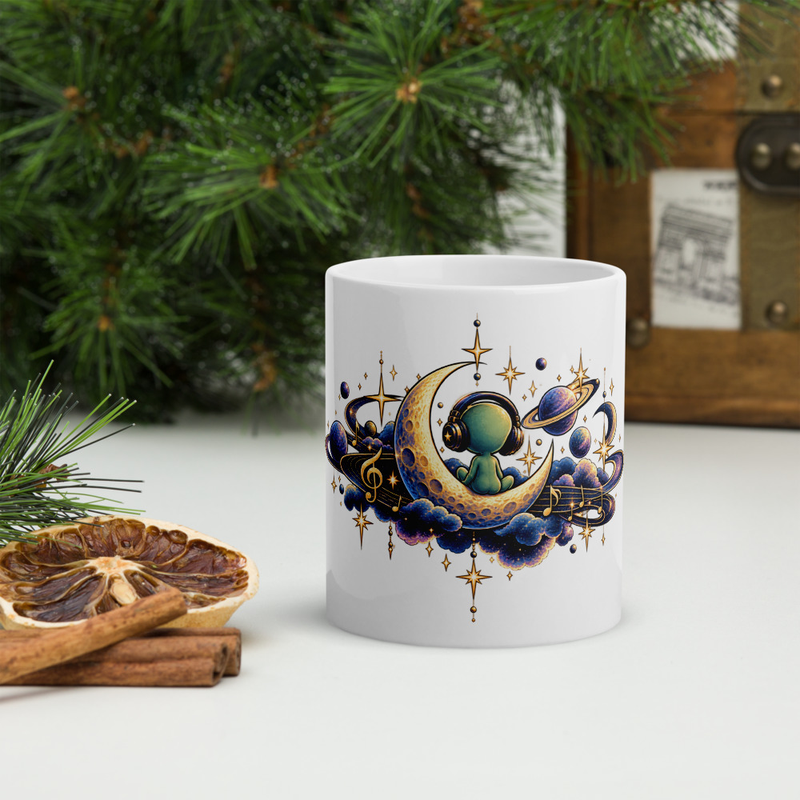 "Alien, Music and Moon" White glossy mug