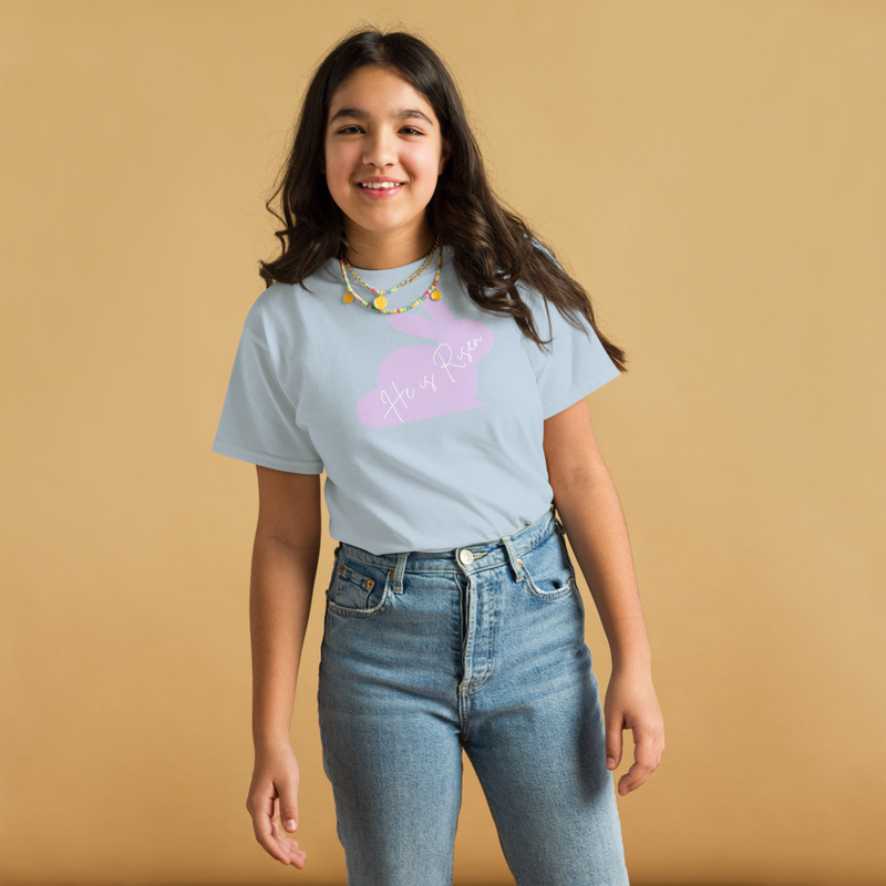 Easter He is Risen Youth T-Shirt | Seasonal Christian Easter Bunny – XL, Light Blue