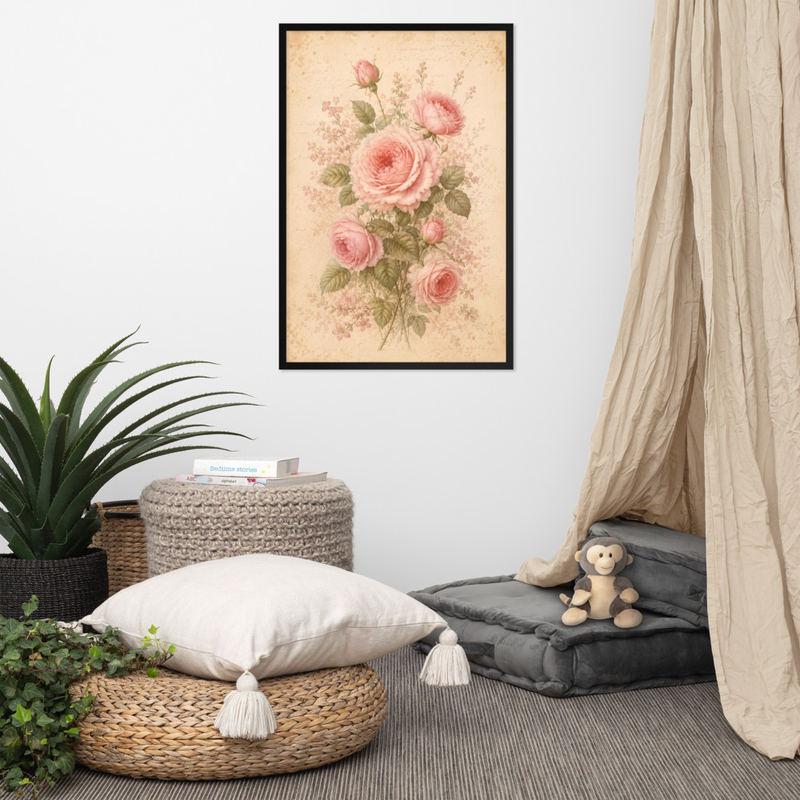 Antique Rose Floral Framed Wall Art – Soft Vintage Botanical on