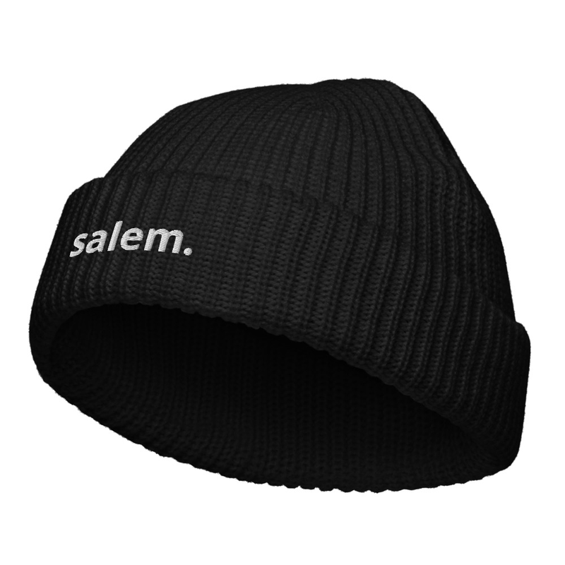 Black salem. fisherman beanie with the small lowercase wordmark