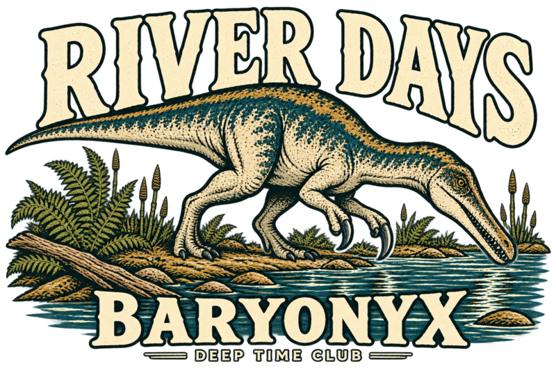 Close view of the original River Days Baryonyx Hoodie graphic