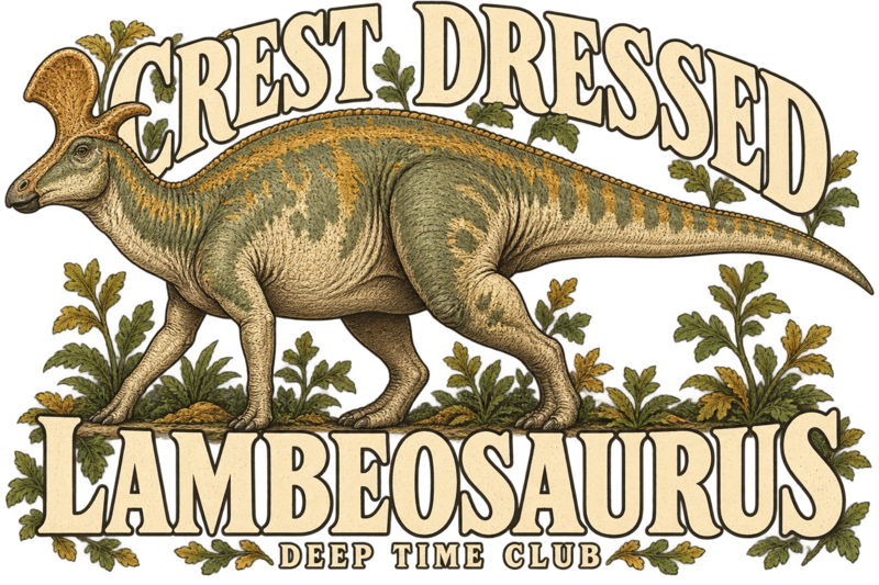 Close view of the original Crest Dressed Lambeosaurus Crewneck graphic