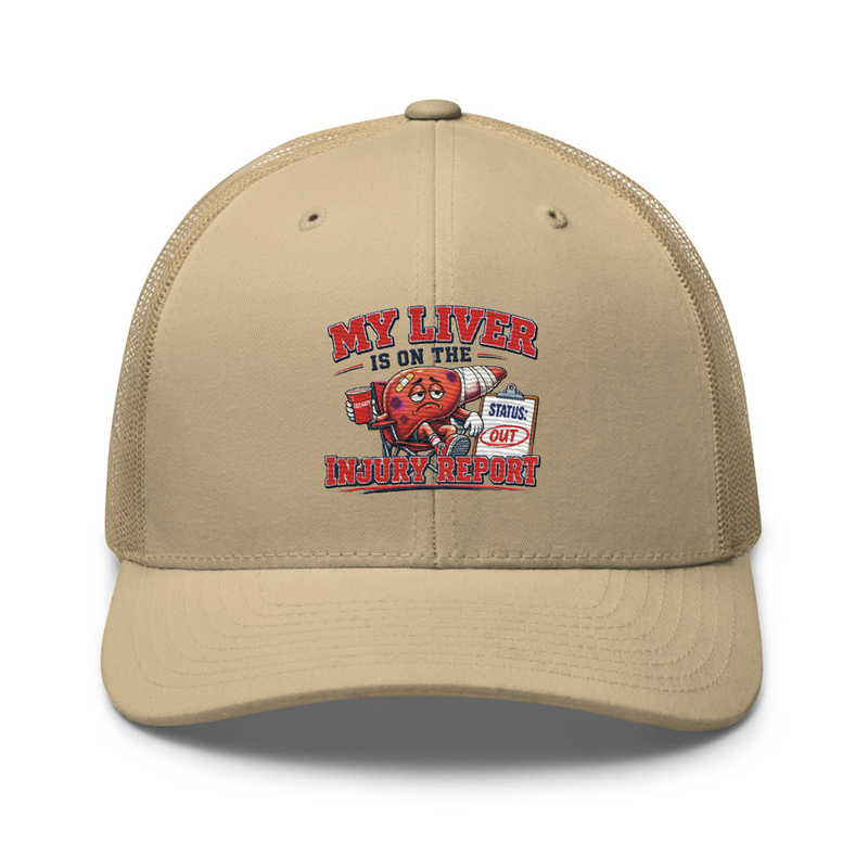 'My Liver is on the Injury Report' Trucker Cap – One size, Khaki