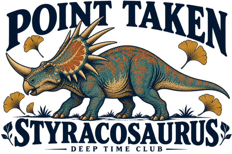 Close view of the original Point Taken Styracosaurus Tote graphic