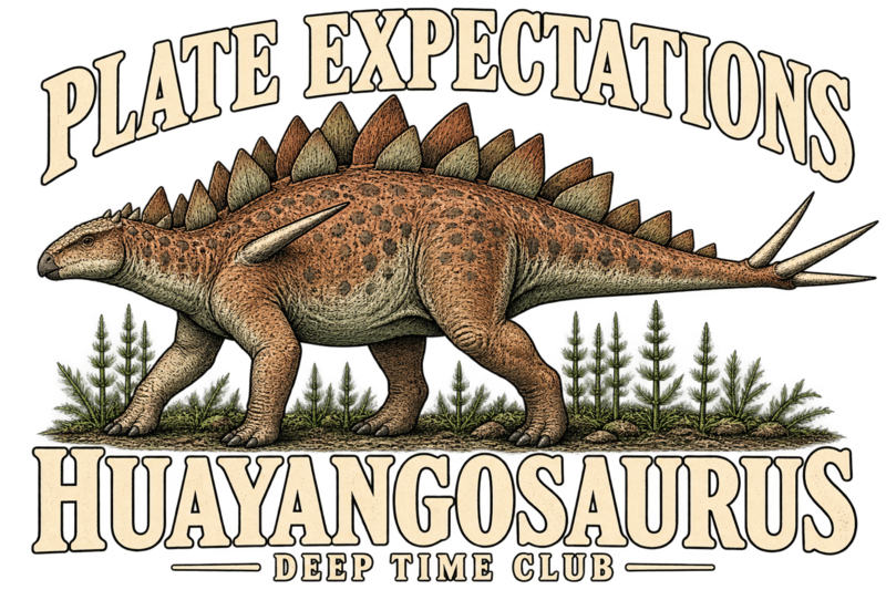 Close view of the original Plate Expectations Huayangosaurus Crewneck graphic