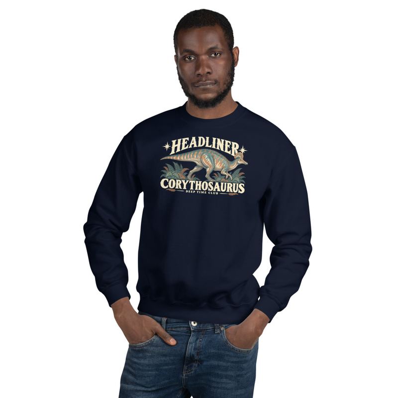 Headliner Corythosaurus Crewneck supplier-rendered on-body front view in Navy