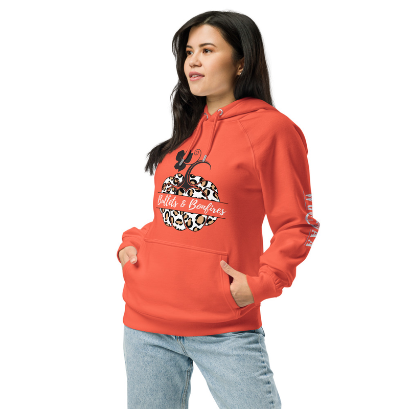 Bullets & Bonfires Two-Sided Unisex eco raglan hoodie – XS, Burnt Orange
