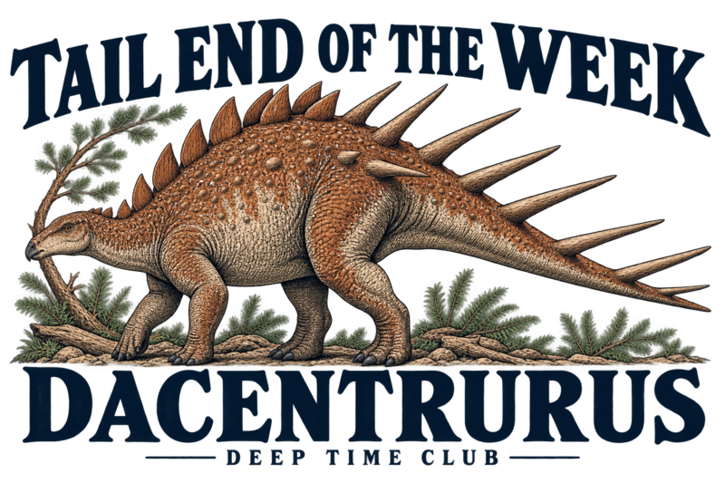 Close view of the original Tail End of the Week Dacentrurus Tote graphic