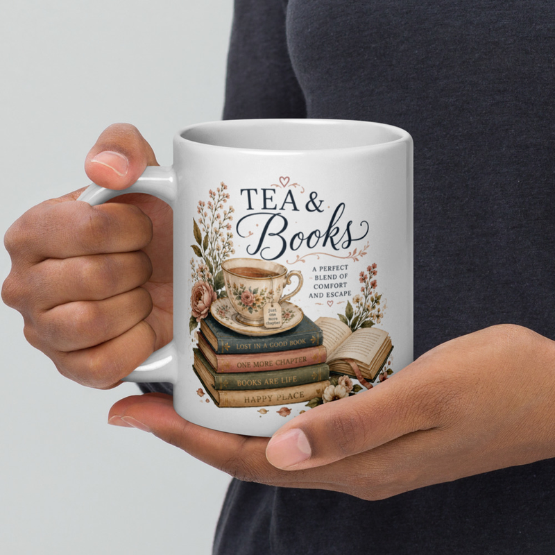 Tea & Books White glossy mug