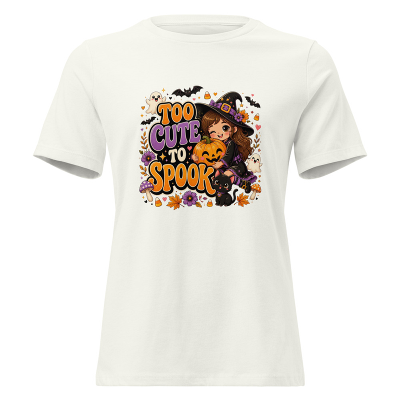 Halloween T-Shirt, Too Cute to Spook Witch Girl Pumpkin Cat Halloween Graphic Tee – view 6