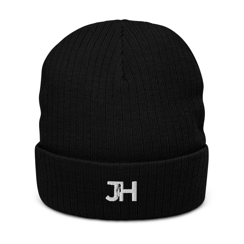 White JH Logo Ribbed knit beanie