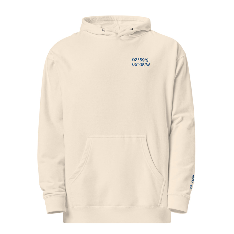 Waypoint Hoodie with the embroidered coordinates of Uarini on the chest