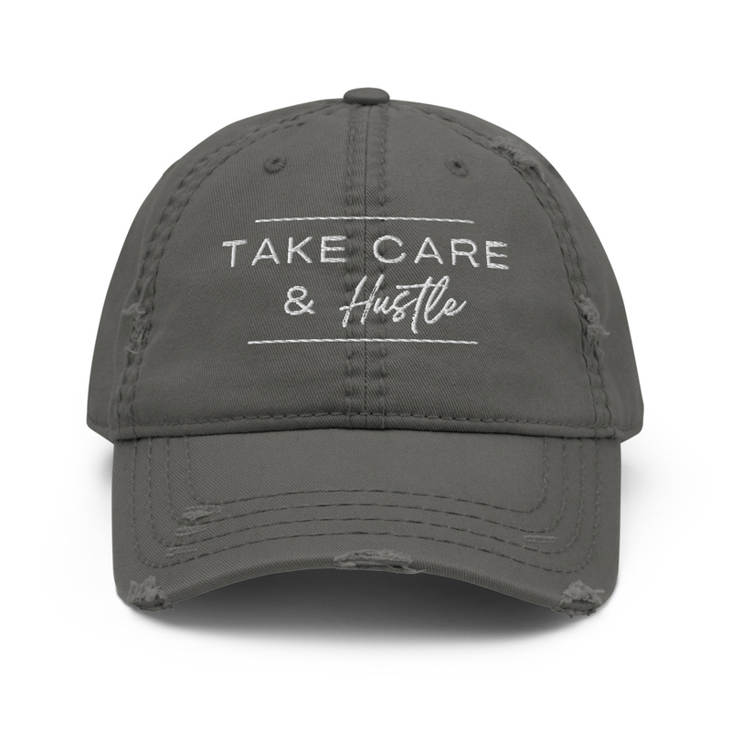 Take Care & Hustle Dad Hat – One size, Charcoal Grey