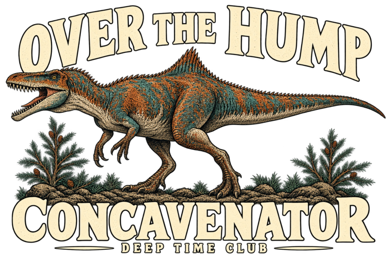 Close view of the original Over the Hump Concavenator Crewneck graphic