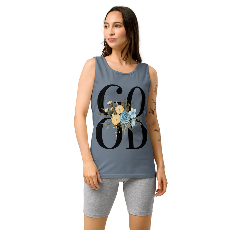 Good Floral Women's Tank Top | Genesis Creation Christian Top – L, Blue Jean