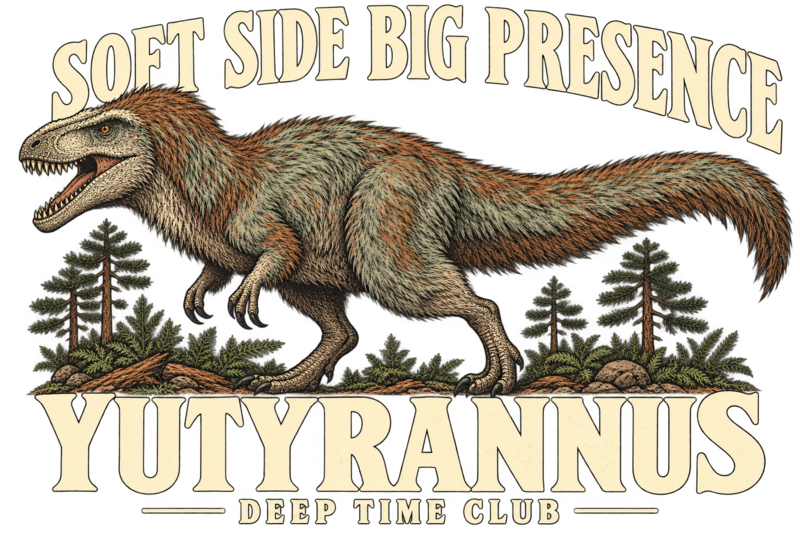 Close view of the original Soft Side Big Presence Yutyrannus Hoodie graphic