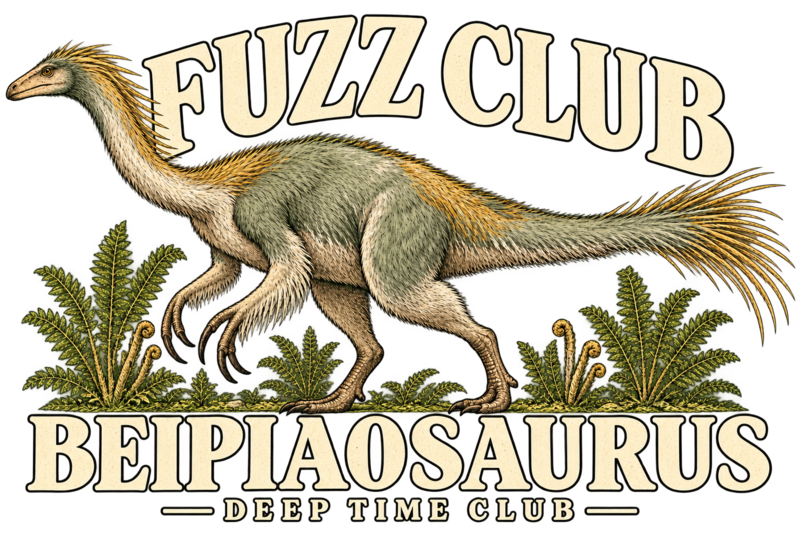 Close view of the original Fuzz Club Beipiaosaurus Hoodie graphic