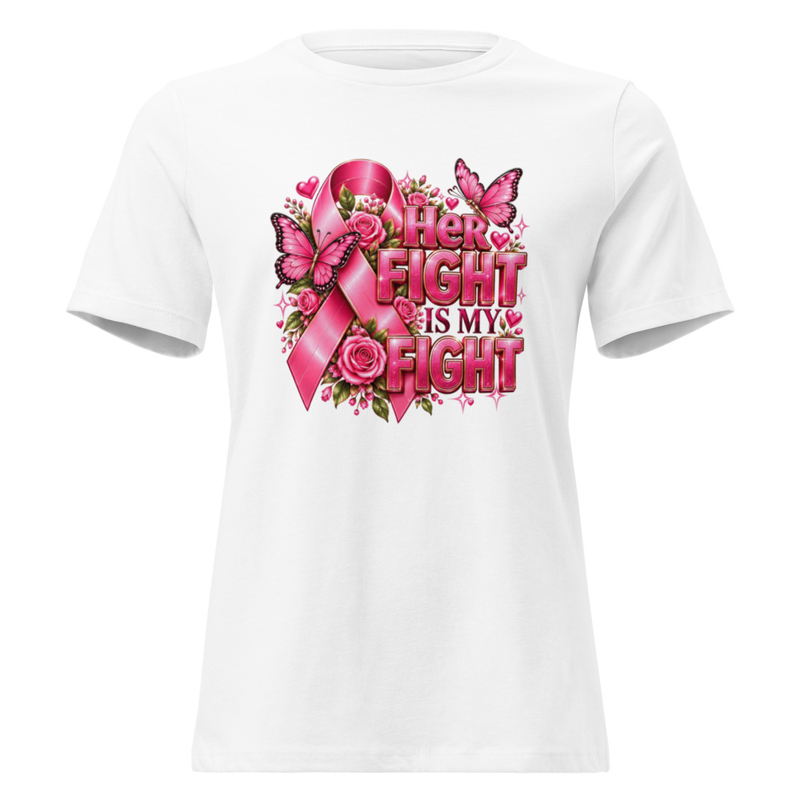 Breast Cancer Awareness T-Shirt, Pink Ribbon “Her Fight Is My Fight” Floral Butterfly Design – view 2