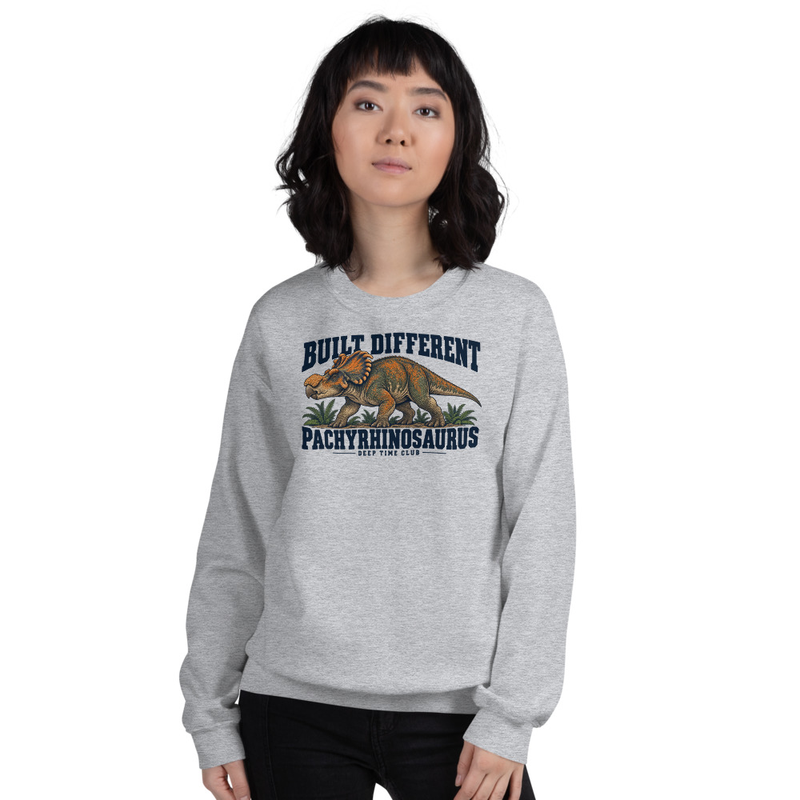 Built Different Pachyrhinosaurus Crewneck supplier-rendered on-body front view in Sport Grey