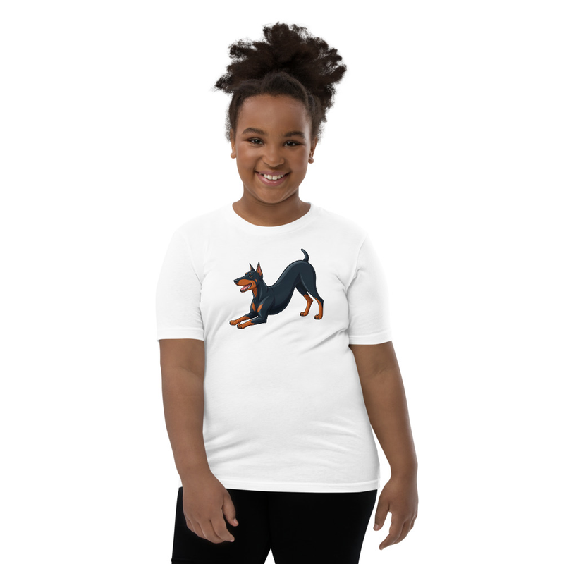 Downward Dog Doberman Youth T-Shirt — Doberman Pinscher