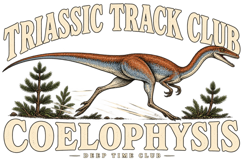 Close view of the original Triassic Track Club Coelophysis Crewneck graphic