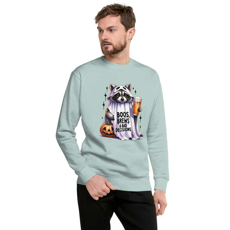 Funny Halloween Raccoon Unisex Premium Sweatshirt Design, Boos Brews and Bad Decisions Ghost Costume Graphic