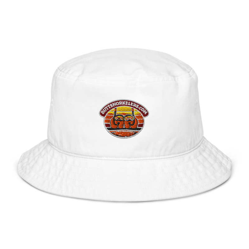 ButtSnorkelers Dive In Bucket Hat — white organic bucket hat with embroidered logo