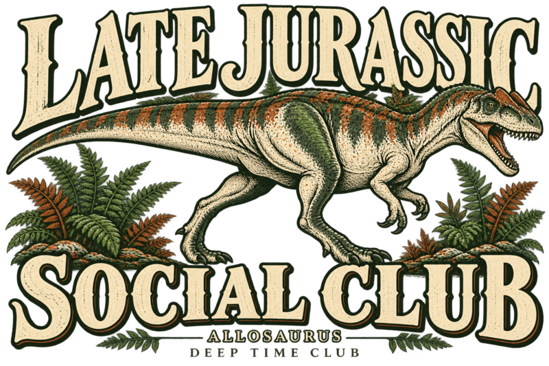 Close view of the original Late Jurassic Social Club Crewneck graphic