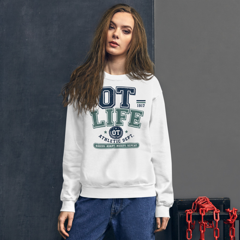 Crewneck: Navy & Sage OT Life | Occupational Therapy Crewneck Sweatshirt – S, White