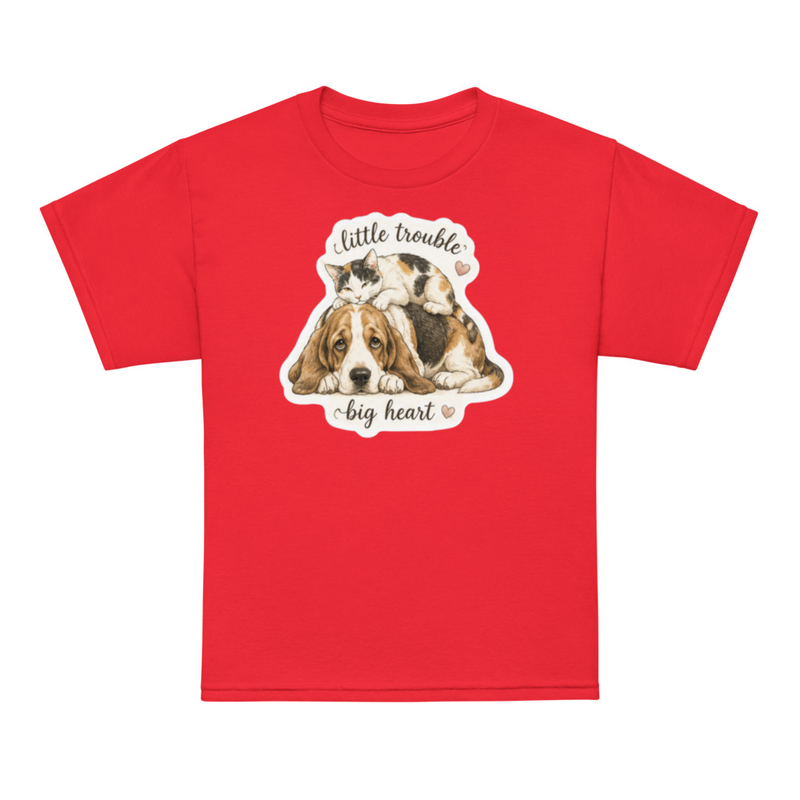 Youth t-shirt-Beau & Emma Little Trouble, Big Heart – XS, Red