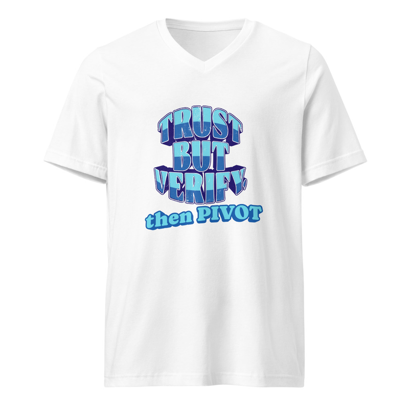 Trust but Verify Unisex Short Sleeve V-Neck T-Shirt – XL, White