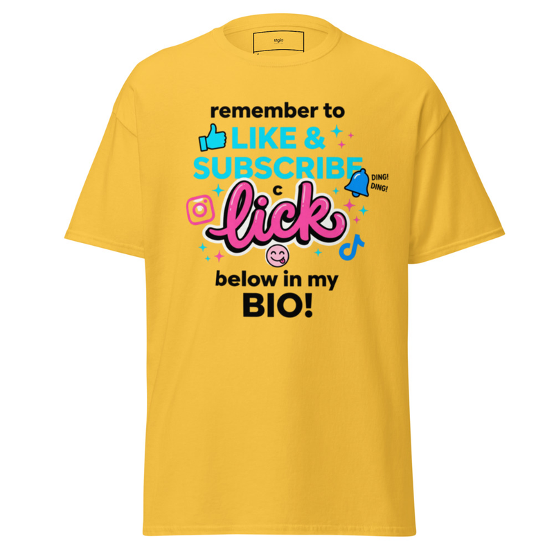 Like Subscribe Lick Bio Shirt | Funny Typo Tee | Content Creator Gift – S, Daisy