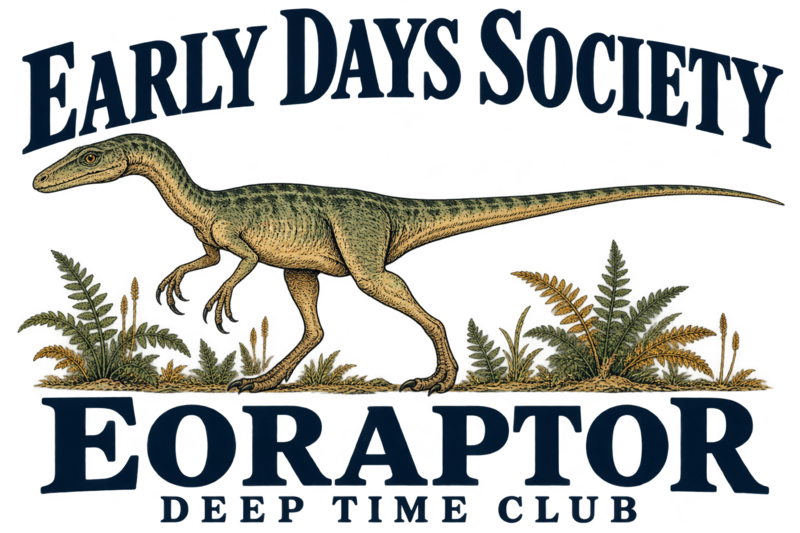Close view of the original Early Days Society Eoraptor Tote graphic