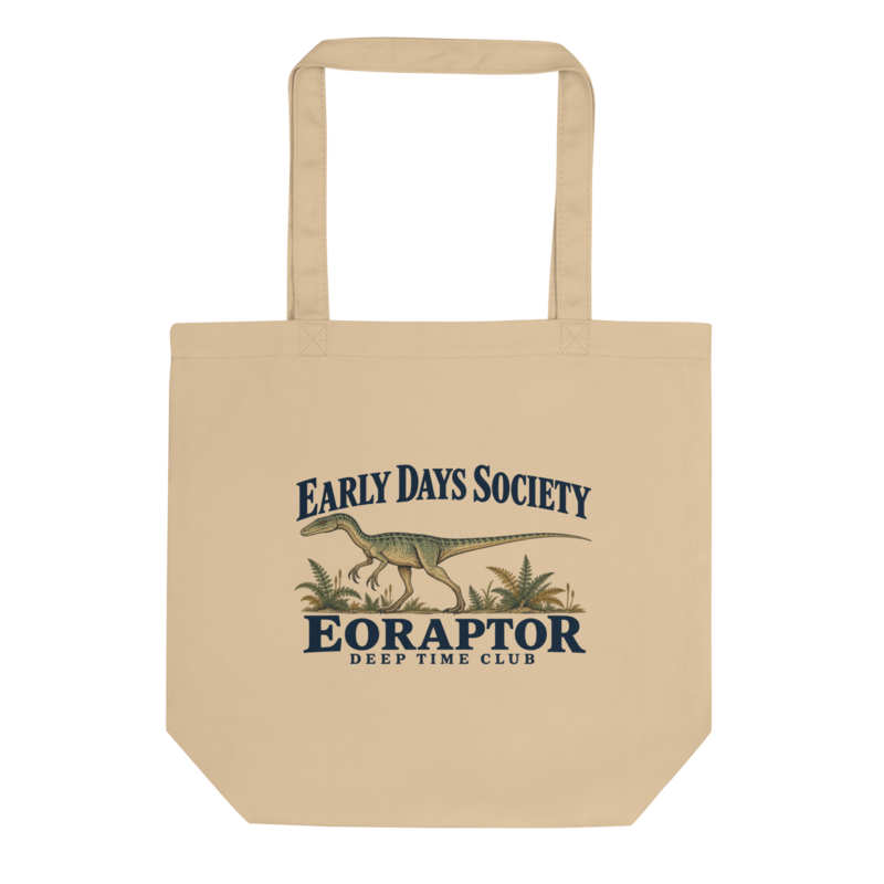 Early Days Society Eoraptor Tote supplier-rendered flat front view in Oyster