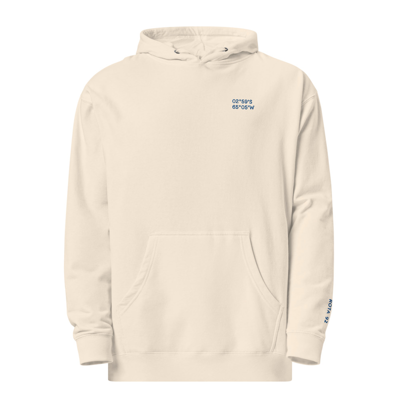 Waypoint Hoodie with the embroidered coordinates of Uarini on the chest