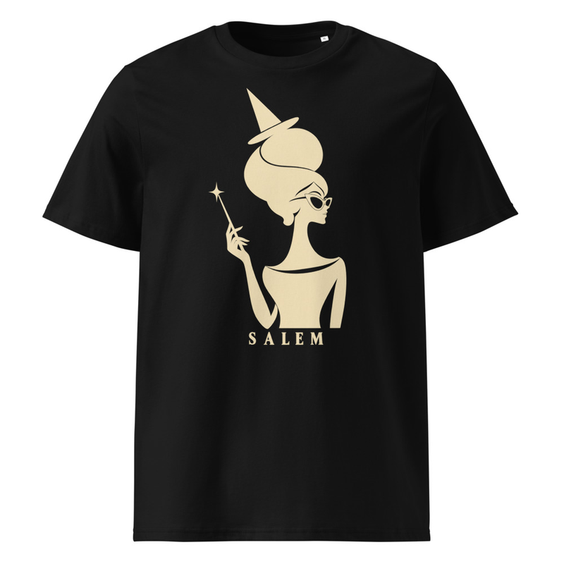 Black Charmed T-shirt with a cream 1960s witch wearing cat-eye sunglasses and holding a wand