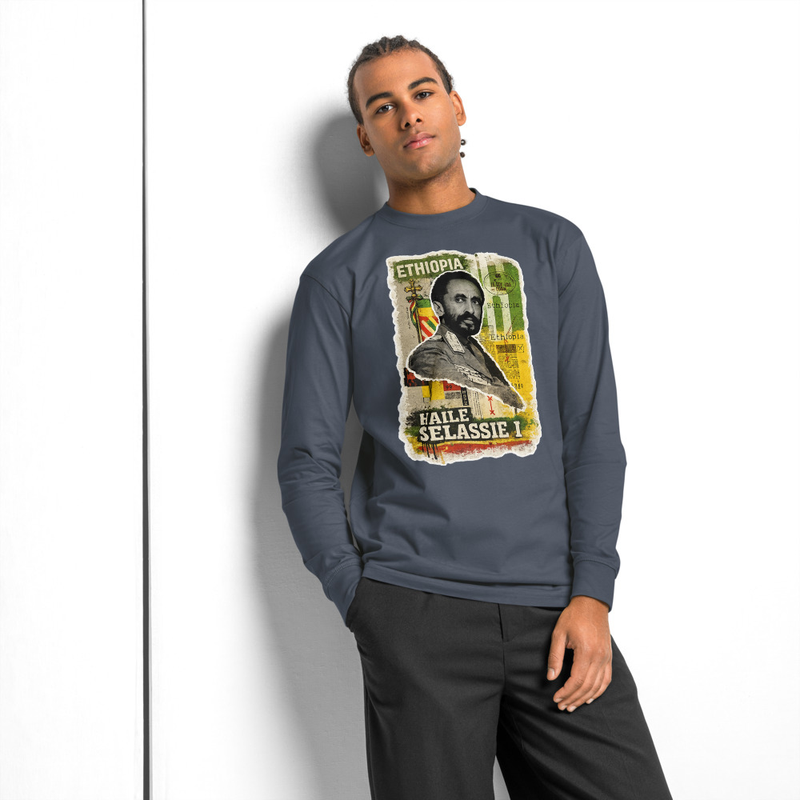 Men's heavyweight long sleeve Tee Emperor Haile Selassie I — Imperial Ethiopia Archival Stamp – 3XL, Harbor Blue